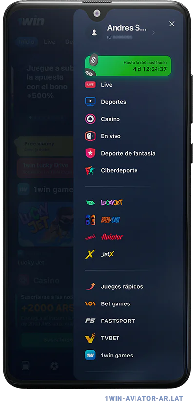 Menú principal de 1Win Aviator Argentina en Móvil