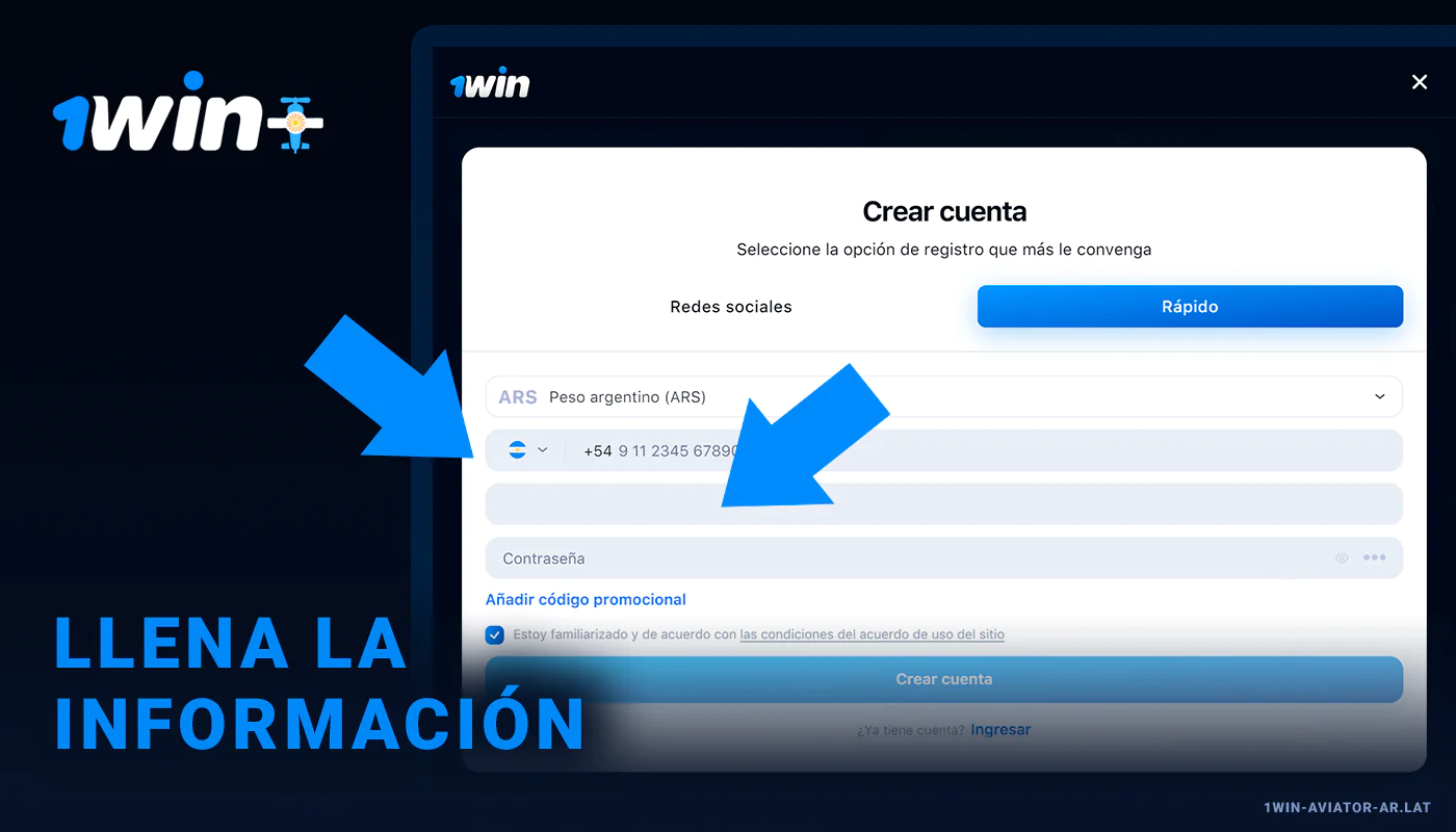 Complete todos los datos requeridos para el registro - 1Win Aviator