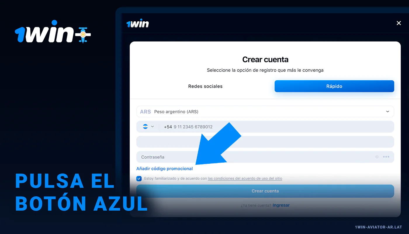 Agregar código de promoción - 1Win Aviator