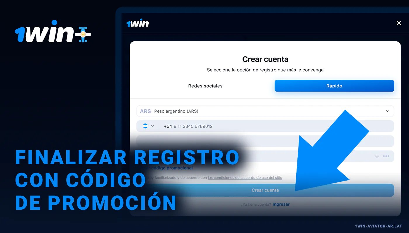 Finalice el registro con el código de promoción en 1Win Aviator haciendo clic en el botón grande en la parte inferior