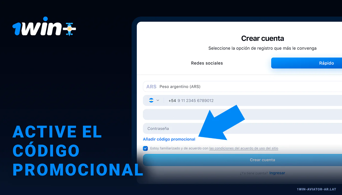 Active el código promocional completando el campo durante el registro - 1Win AG Aviator