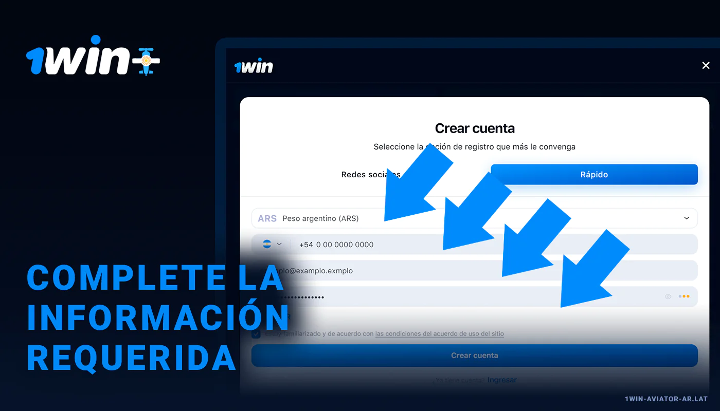 Rellena toda la información necesaria en el formulario de registro - 1Win Aviator