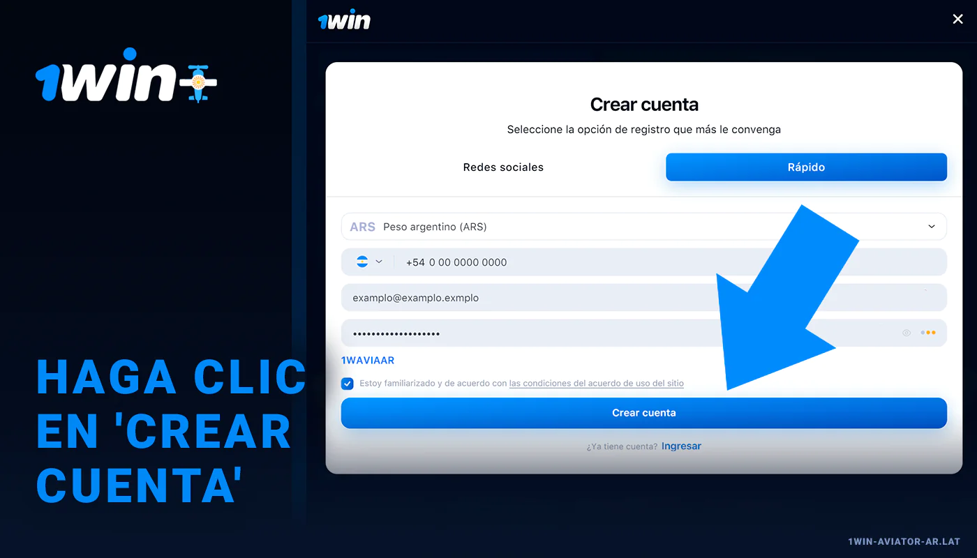 Haga clic en 'Crear una cuenta' - 1Win Aviator