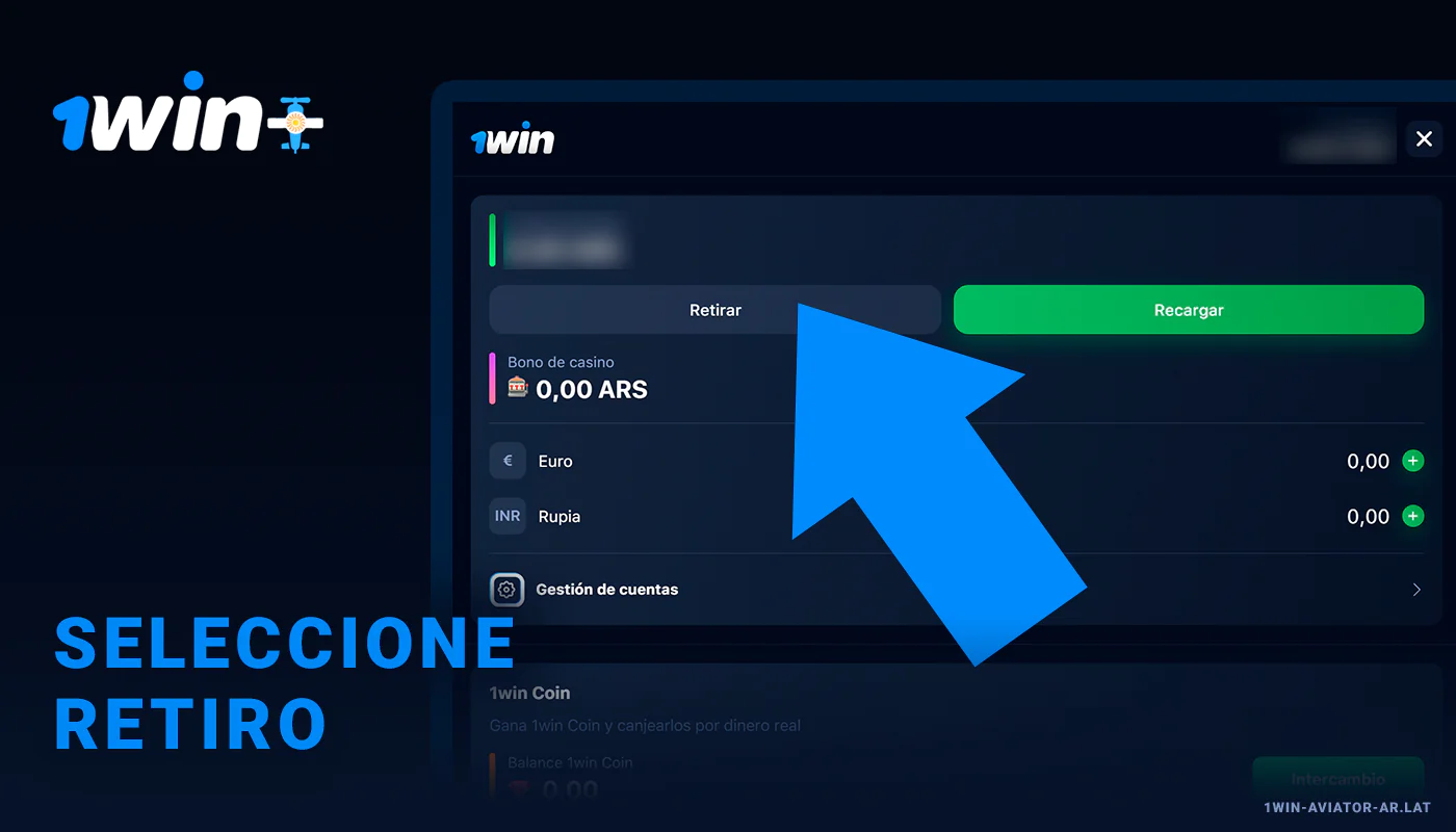 Seleccione 'Retirar' en la página de perfil de 1Win Aviator